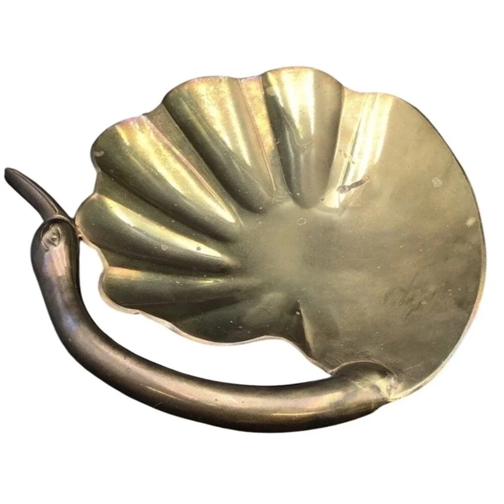Vintage Brass Ashtray Trinket Dish Swan Neck Design Seashell Shape